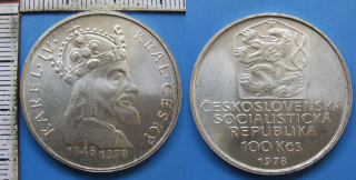 1978 - 100 Kčs, stříbro - pamětní, 600. výročí - Karel IV, Král Český