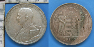 1939 BP - 5 pengo, stříbro - Maďarsko, Horthy, krásný