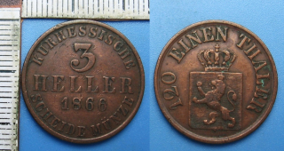 1866 - 3 heller - Friedrich Wilhelm, Hesse-Cassel