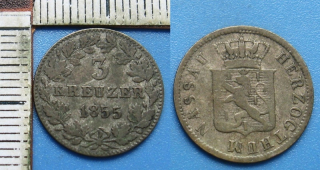 1855 - 3 kreuzer, stříbro - Adolph, Nassau
