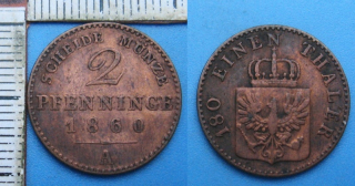 1860 A - 2 pfenninge - Prusko, Friedrich Wilhelm IV.