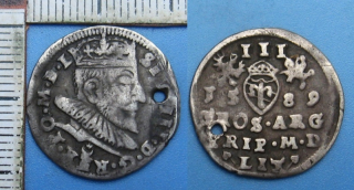 1589 - 3 groš, stříbro - Polsko, Zikmund III. Vasa, Vilnius, dírka