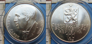 1990 - 100 Kč, stříbro - 100 let narození Karla Čapka, kapsle