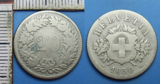 1850 BB - 20 rappen, stříbro - Švýcarsko