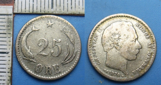 1874 - 25 ore, stříbro - Dánsko, Christian IX.