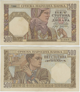 1941 - 500 dinara, bankovka, T.2343 117 - Srbsko, velmi pěkná