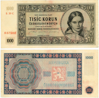 1945 - 1000 korun, bankovka, S,20C 037502 - Československo, pěkná