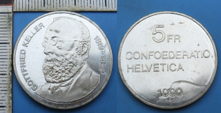 1990 - 5 francs - Švýcarsko, Gottfried Keller