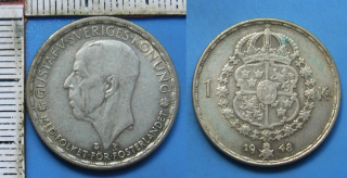 1948 TS - 1 krone, stříbro - Gustaf V., Švédsko