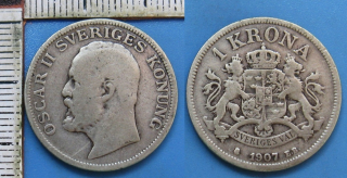 1907 EB - 1 krona, stříbro - Oscar II., Švédsko