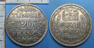 1935 AH 1353 - 20 francs, stříbro - Tunis, Ahmad II.