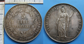 1848 M - 5 lir, stříbro - Itálie, Lombardie, Miláno, revoluční 