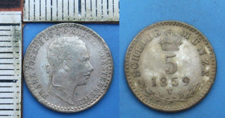 1859 V - 5 krejcar, stříbro - František Josef I., vzácnější