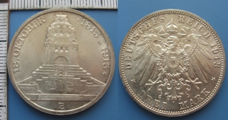 1913 E - 3 mark, stříbro - Fridrich August II., Sasko, Bitva u Lipska, krásná