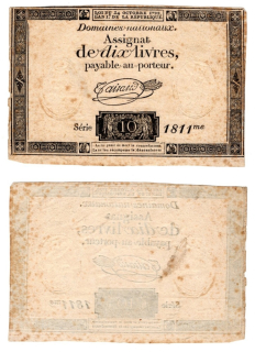 1792 - 10 livres, bankovka, série 1811me - Francie, Assignat, období Francouzské revoluce, vodoznak: Fleur de lys