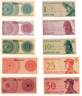 1964 - sada 1-5-10-25-50 sen, bankovky - Indonésie, krásný stav