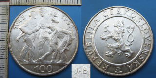 1955 - 100 korun, stříbro - 10. výročí osvobození, varianta b (viz.detail)