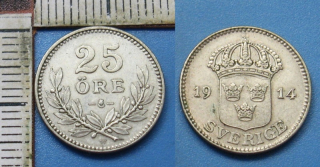 1914 - 25 ore, stříbro - Gustaf V., Švédsko