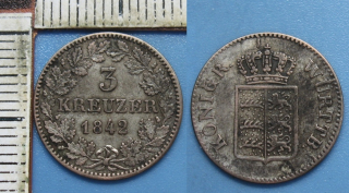 1842 - 3 kreuzer, stříbro - Wurttemberg, Wilhelm I.