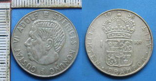 1956 - 1 krone, stříbro - Gustaf VI. Adolf, Švédsko