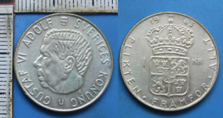 1963 - 1 krone, stříbro - Gustaf VI. Adolf, Švédsko