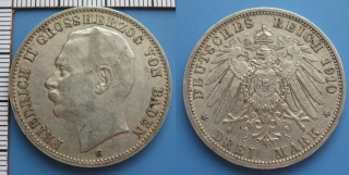 1910 G - 3 mark, stříbro - Fridrich II., Baden