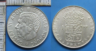 1965 - 1 krone, stříbro - Gustaf VI. Adolf, Švédsko