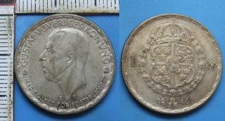 1946 - 1 krone, stříbro - Gustaf V., Švédsko