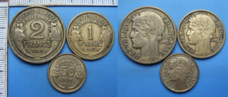 1932-39 - 50 centimes, 1 a 2 francs - 3x Francie