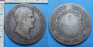 1804 A (AN12) - 5 francs, stříbro - Napoleon Bonaparte, Premier Consul, Francie