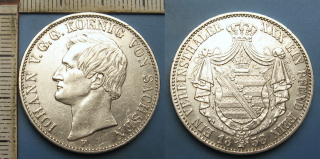 1858 F - 1 spolkový tolar, stříbro - Sasko, Johann V., pěkný