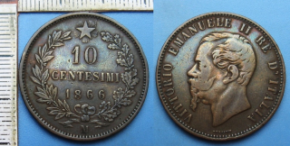 1866 M - 10 centesimi - Itálie, Vittorio Emanuele II.