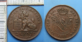 1909 - 2 centimes - Belgie, Leopold II., Belges