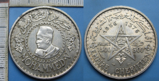 1956 - 500 francs, stříbro - Maroko, Mohammed V.