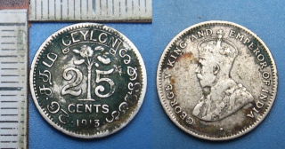 1913 - 25 cents, stříbro - Britský Cejlon, Jiří V.