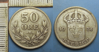 1934 G - 50 ore stříbro - Švédsko, Gustaf V.