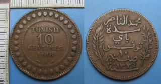 1916 A - 10 centimes - Tunis,  Muhammad al-Hadi Bey, francouzský protektorát