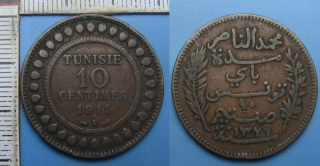 1911 A - 10 centimes - Tunis,  Muhammad al-Hadi Bey, francouzský protektorát
