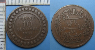 1907 A - 10 centimes - Tunis,  Muhammad al-Hadi Bey, francouzský protektorát