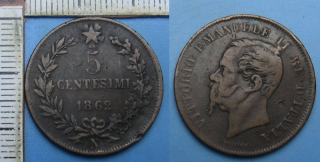1862 N - 5 centesimi - Itálie, Vittorio Emanuele II.