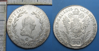 1805 G - 20 krejcar, stříbro - František I., pěkný
