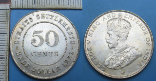 1921 - 50 cents, stříbro - Straits Settlements, Jiří V., krásný
