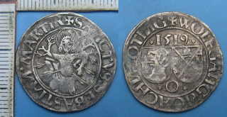 1590 O - batzen, stříbro - Německo, Öttingen, Wolfgang a Joachim, motiv sv. Šebestian