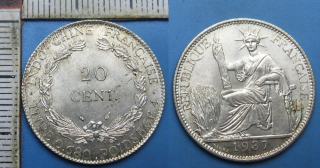 1937 - 20 cents, stříbro - Francouzská Indočína, pěkný