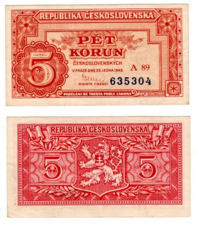 1949 - 5 korun, bankovka - A89 635304, krásná