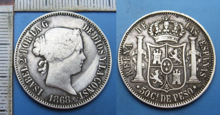 1868 - 50 centimos, stříbro - Isabela II., Španělské Filipíny, vzácnější