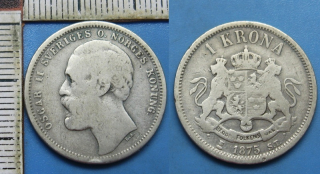 1875 ST - 1 krona, stříbro - Oscar II., Švédsko a Norsko