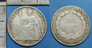 1911 A - 20 cents, stříbro - Francouzská Indočína