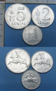 1991 - 1 a 2 a 5 centai - 3x Litva