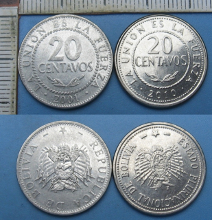 2001, 10 - 20 centavos - 2x různý typ, Bolívie